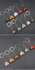 Detailed close-up of mixed natural stone skull keychains in various colorful gemstones
