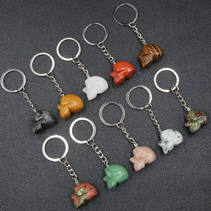 Set of 1-inch carved crystal skull keychains in tiger eye, quartz, and various gemstones
