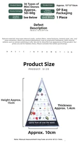 Detailed size chart of 36 natural crystal agate stone specimens in a triangular case
