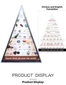 Detailed specimen set of 36 polished natural crystals and minerals in triangular display case