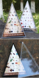 Collection of 36 natural crystal and agate specimens in a triangle display box