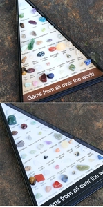 Detail view of triangular crystal collection box with 36 labeled mineral specimens
