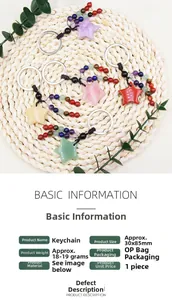 Detailed view of colorful star-shaped gemstone keychains with dimensions and specifications