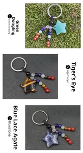 Detailed set of star-shaped gemstone keychains in green aventurine, tiger eye and bluestone