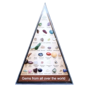 Triangle box with 36 varieties of polished natural crystal and mineral ore specimens