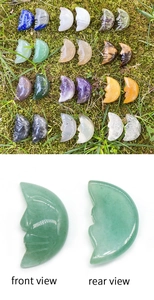 Front and back detail of hand-carved natural crystal moon faces in various gemstones