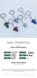 Detailed view of handmade natural crystal mushroom keychain with dimensions and silver clasp