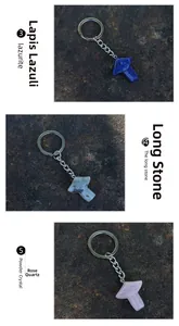 Detailed view of mushroom keychains in lapis lazuli, labradorite, and rose quartz