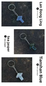 Detail of natural crystal mushroom keychains in Blue Aventurine and Ocean Jasper stones