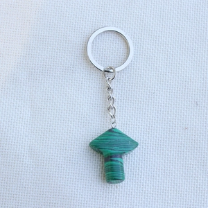 Malachite pattern mushroom stone keychain with polished silver stainless steel ring