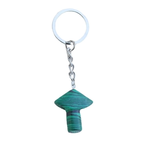 Malachite pattern mushroom gemstone keychain with silver metal ring and chain