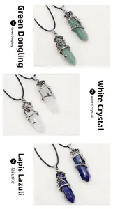 Detail shots of hexagon crystal pendants with rose accents in various natural stones