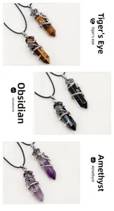 Detailed views of rose flower wrapped hexagonal stone pendants in various natural crystals