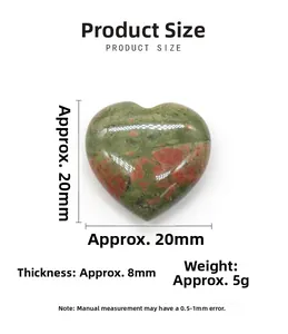 Detailed view of 20mm heart-shaped green unakite stone with size and weight dimensions