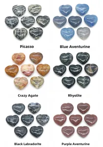 Detailed close-up of six natural heart-shaped polished stones with unique textures