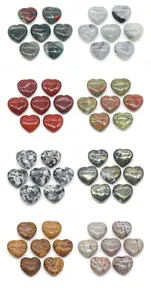 Detailed grid view of 20mm heart-shaped polished natural stones in various materials