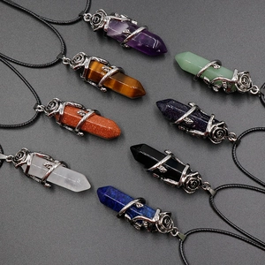 Rose vine wrapped natural stone hexagonal crystal pendants on black cord necklaces