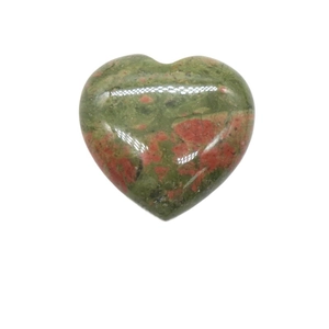 Natural 20mm heart-shaped Unakite crystal stone with polished finish and green-pink texture