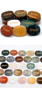 Macro detail of natural crystal stones with gold engraved inspirational words like Courage