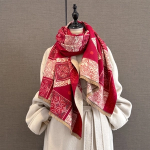 Elegant red and beige paisley plaid scarf with gold fringe tassels for autumn and winter