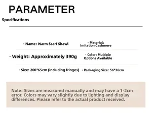 Detailed product specifications table for thick 390g cashmere-like winter scarf wrap