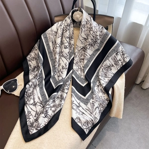 Large Square Scarf Polyester Satin Like Bamboo Print Ink Painting Vintage Elegant Head Hair Neck Wrap For Women
