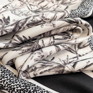 French style bamboo leaf print silk scarf with classic black and white toile de jouy pattern