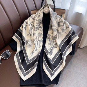 Classic black and white floral printed square scarf shawl for elegant women