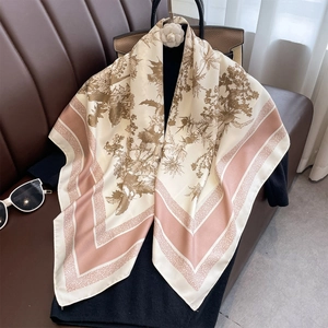 Retro vintage floral silk square scarf with brown thistle print and pink stripe borders