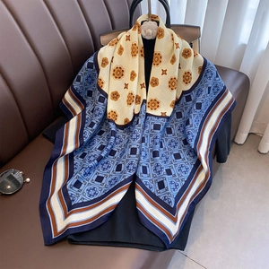 Elegant floral print cotton linen scarf shawl with vintage pattern in navy and beige