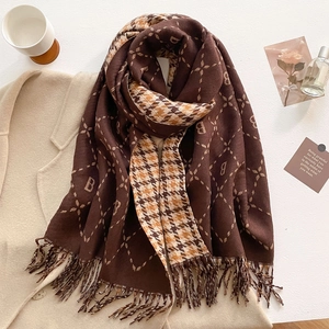 Thick autumn winter brown cashmere scarf with letter B pattern and tassels for women