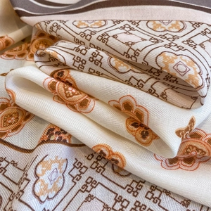 Elegant white cotton linen scarf with vintage geometric floral prints for autumn style
