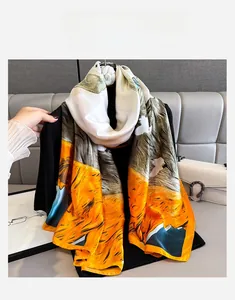 Detailed texture of silk-like satin scarf featuring abstract mountain landscape oil painting