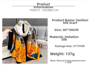Detailed view of large landscape art print scarf with specifications in 80x180cm size