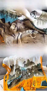 Detail of silk-like scarf featuring traditional landscape print and bright orange border