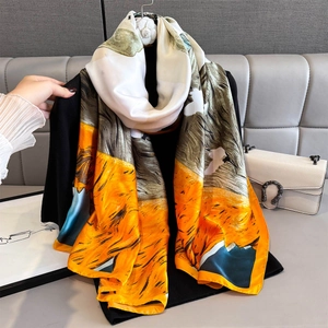 Elegant Faux Satin Satin Scarf Shawl Mountain Landscape Print Color Block Lightweight Long Wrap For Women