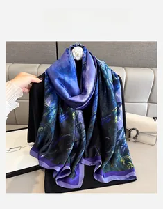 Artistic oil painting style satin silk scarf with emerald and navy blue patterns