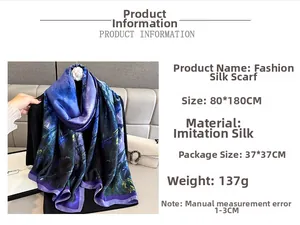 Detailed specs of 80x180cm faux silk scarf with oil painting pattern and soft texture