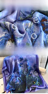 Macro shot of silk satin fabric showing artistic Van Gogh Iris oil painting floral print