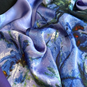 Elegant impressionist oil painting silk scarf with violet and blue floral satin texture