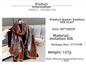 Detailed view of paisley silk scarf specifications with 80x180cm size and brown pattern