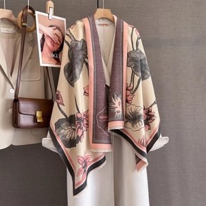 Close-up of elegant lotus flower print on soft thickened cashmere-like scarf shawl
