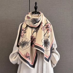 Winter vintage lotus pattern thick pashmina scarf with fringe for elegant women