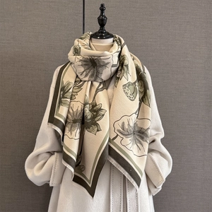 Thick beige winter scarf with green lotus jacquard patterns and delicate fringe tassels