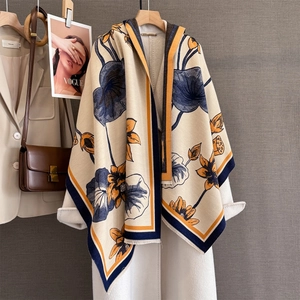 Vintage Lotus Pattern Imitation Cashmere Scarf For Women Large Soft Jacquard Shawl Wrap Winter Warm Floral Print Thick Scarf Elegant Lady Outerwear