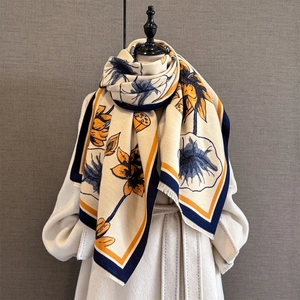 Winter vintage lotus floral scarf shawl for women with thick jacquard tassels