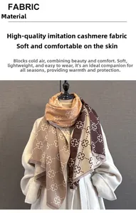 Detail of cashmere-like scarf showing contrast geometric clover pattern and short tassels