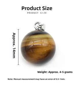 Detail view of a 14mm natural tiger eye stone ball pendant with silver metal bail