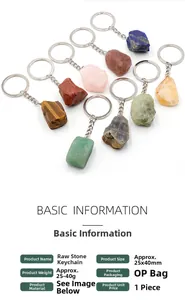 Detail specifications of raw crystal keychain showing dimensions 25x40mm and weights