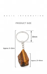 Detail view of tiger eye raw gemstone keychain with dimensions and silver alloy metal ring